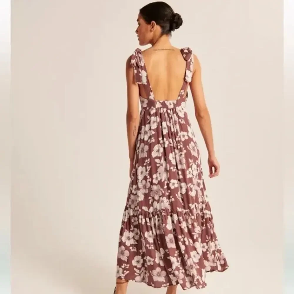 Abercrombie & Fitch Bright Yellow Crepe Tie Shoulder V-neck Flowing Maxi Dress